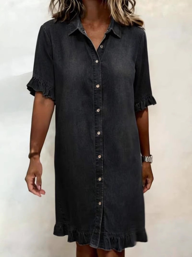 Women's faux denim ruffle-sleeve shirt dress from Plush Fashion Hub, casualwear with a stylish ruffle detail and button front.