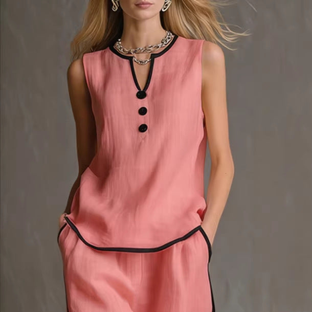 Women's minimalist sleeveless two-piece casualwear set by Plush Fashion Hub, featuring a sleek top and matching shorts.