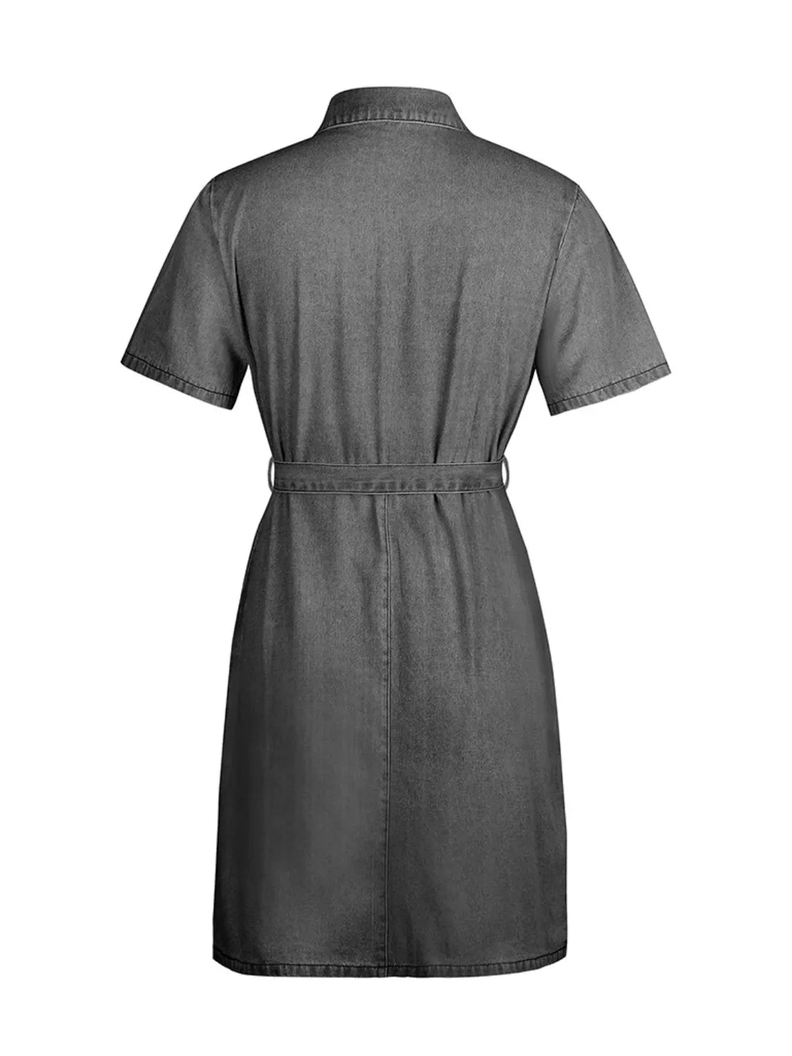 Plus size VYSN denim dress with short sleeves and full zip front, casual and stylish for everyday wear.