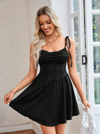 Women's FitiqueFit casualwear summer dress with solid color, pleated design, lace-up halter neckline, perfect for warm weather.