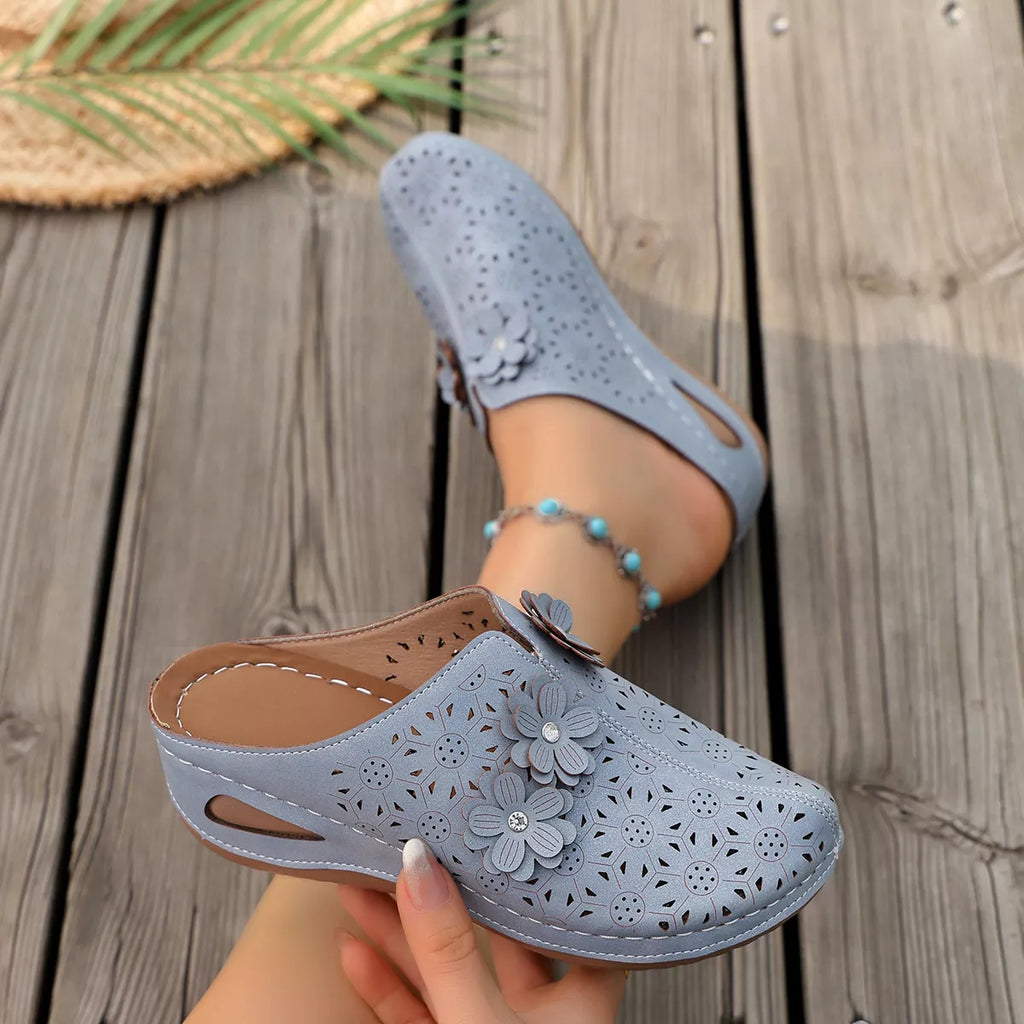Shopimist floral decor round toe sandals featuring colorful flower embellishments and comfortable design for summer wear.