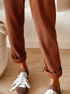 Casual corduroy drawstring waist pants by Simply Love, showcasing beige fabric with relaxed fit and front pockets.