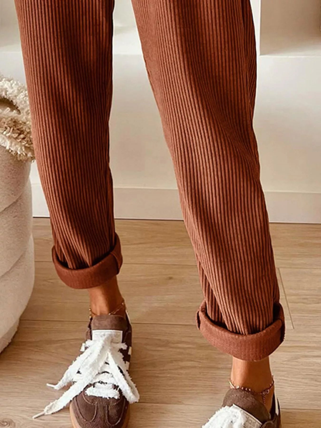 Casual corduroy drawstring waist pants by Simply Love, showcasing beige fabric with relaxed fit and front pockets.