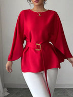 Shopimist batwing sleeve belted blouse featuring flowing fabric and a stylish belt, perfect for casual or dressy outfits.