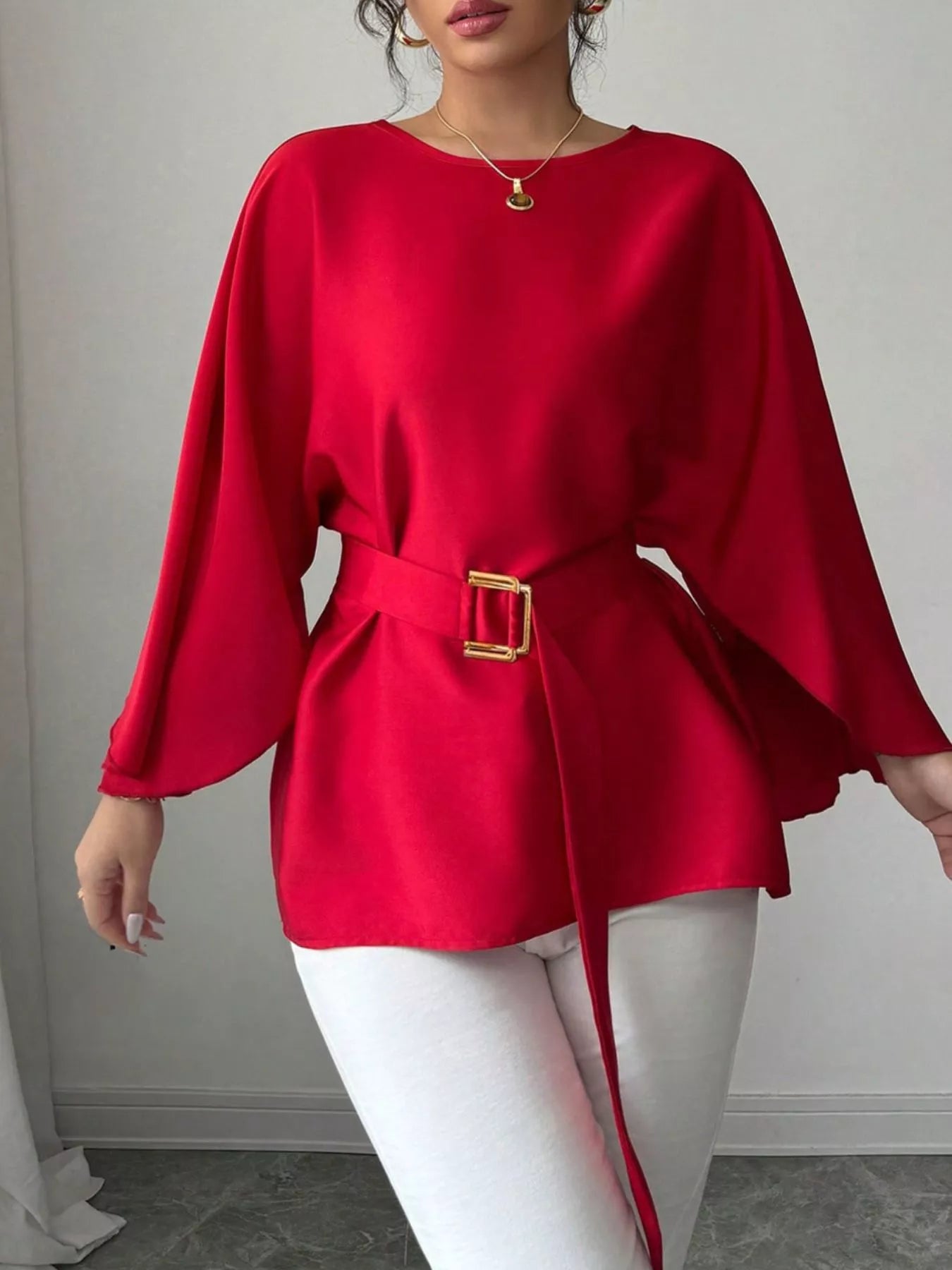 Shopimist batwing sleeve belted blouse featuring flowing fabric and a stylish belt, perfect for casual or dressy outfits.