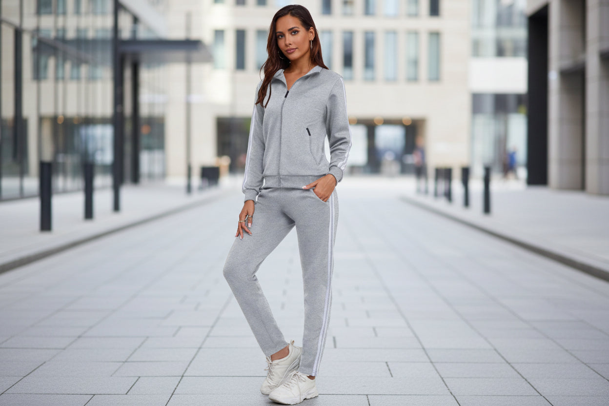 Women’s printed sports hoodie set by FitiqueFit, featuring long-sleeves and activewear design for comfortable fitness fashion.
