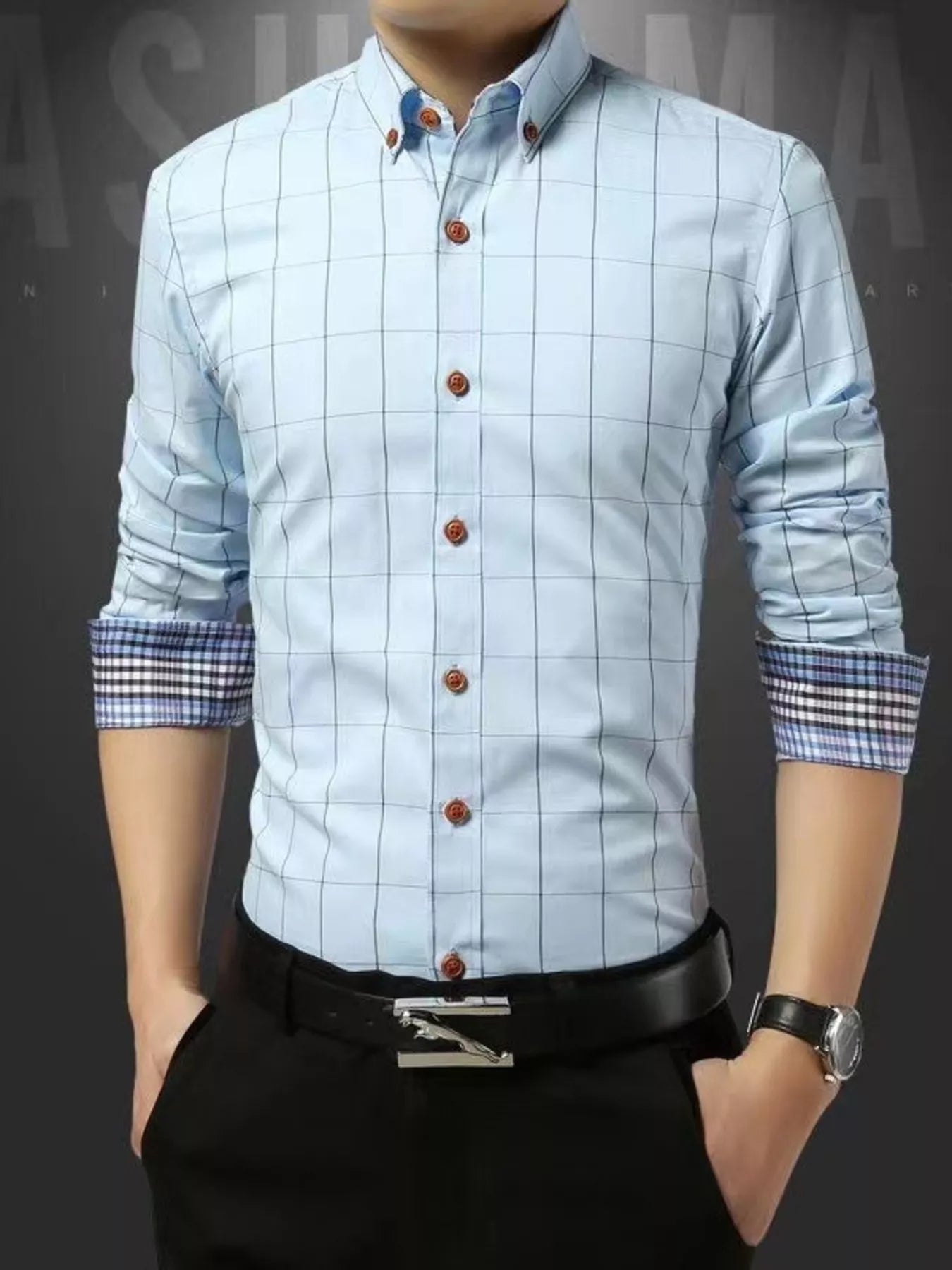 Men's plus size classic plaid button-down shirt by Trendsi, featuring a traditional checkered pattern and collared design.