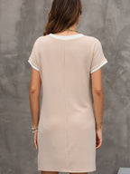 Women's ribbed color block T-shirt shift dress with pockets by Trendsi, showcasing a casual, comfortable silhouette.