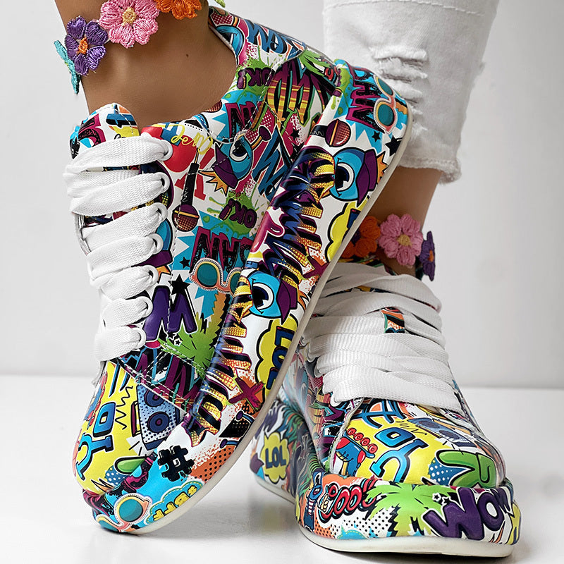 Women’s round-toe thick-sole lace-up sneakers by Plush Fashion Hub with casual print design, showcasing stylish footwear for everyday wear.