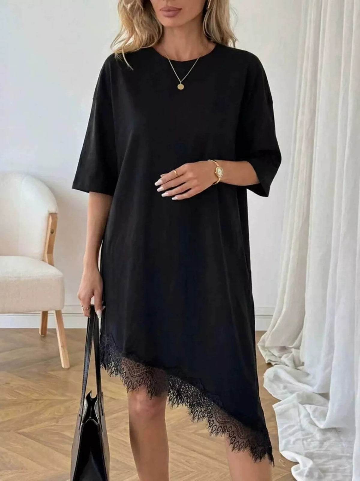 Cream lace trim asymmetrical hem T-shirt dress by Plush Fashion Hub, featuring a casual shirt dress with decorative lace accents.