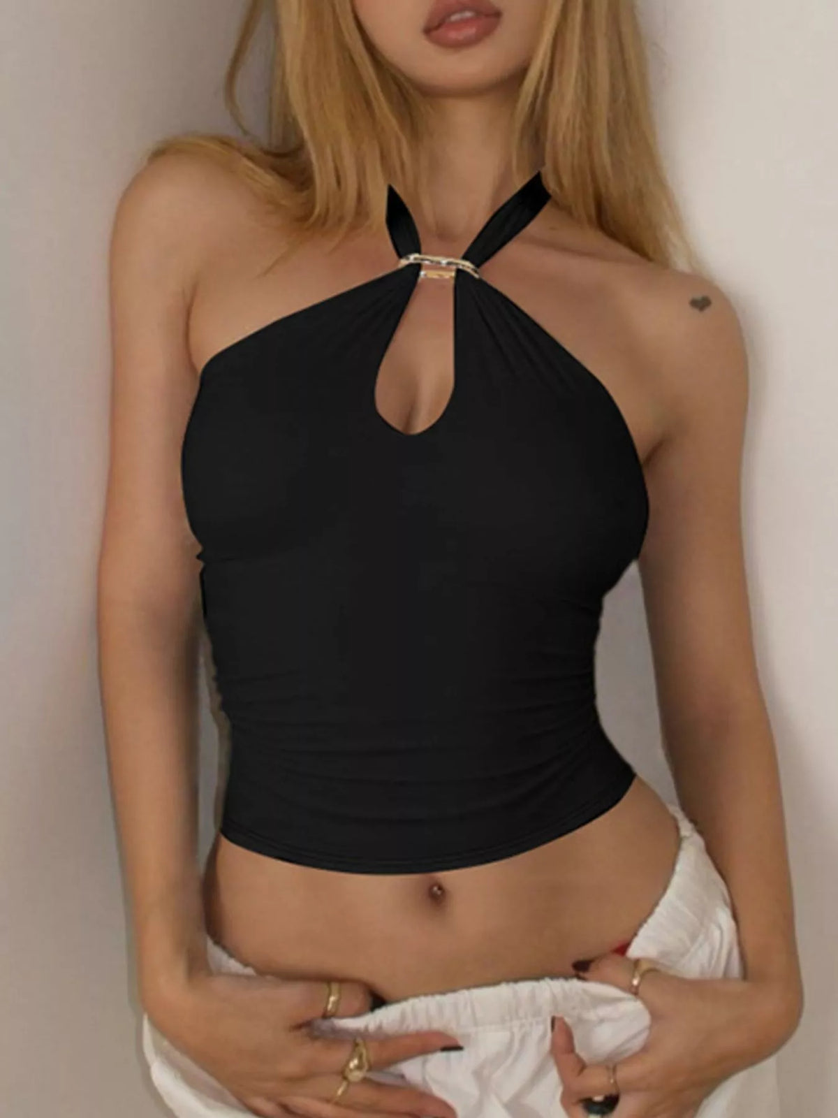 Plush Fashion Hub halter neck cami top with keyhole detail, sleeveless design, and fitted style, perfect for casual summer wear.