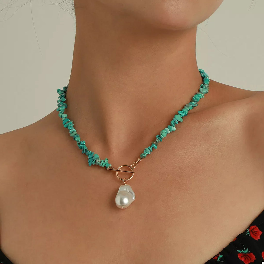 Turquoise irregular pearl necklace by Shopimist featuring uneven pearl beads on a delicate chain.