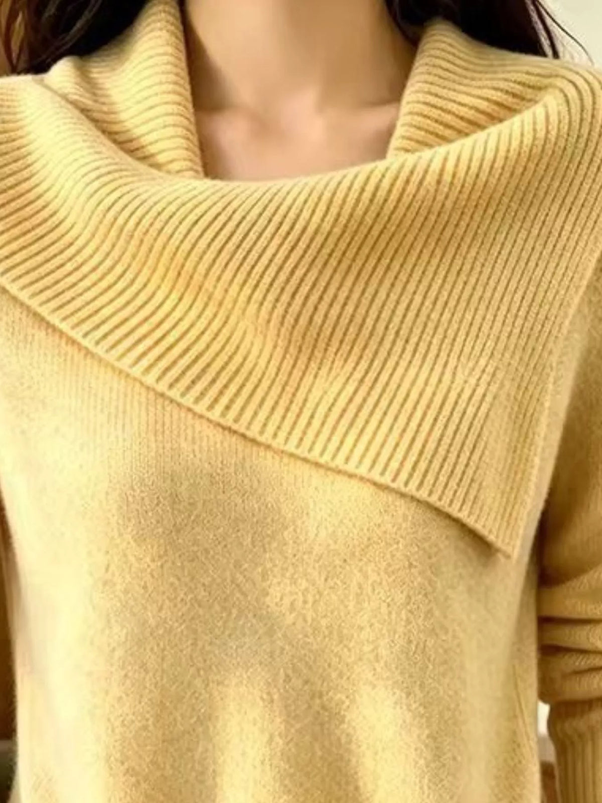 Plus size full size asymmetric ribbed collar sweater by Trendsi, featuring a stylish collar and cozy knit texture.