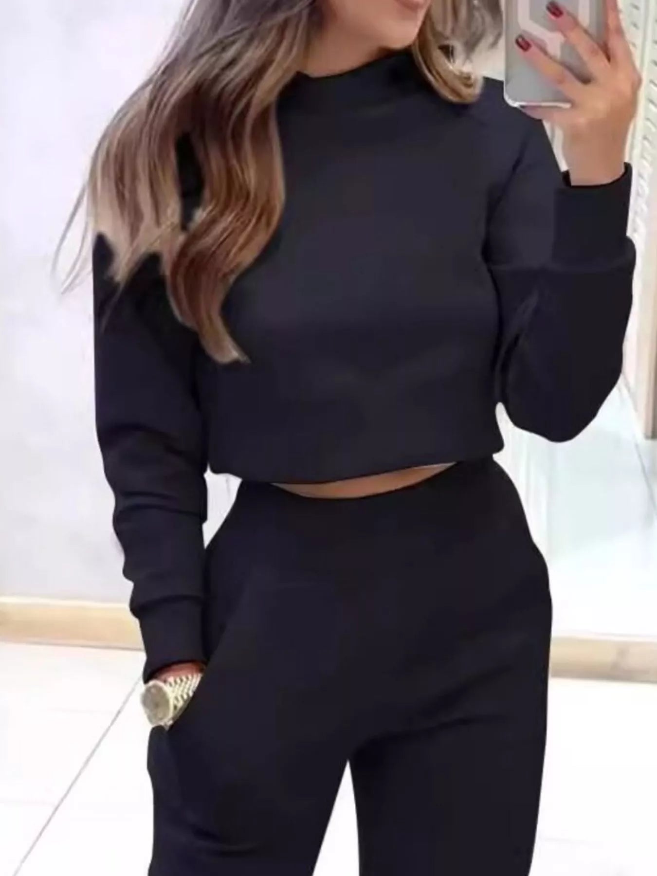 Simply Love casual chic cropped sweatshirt and jogger set, featuring comfortable fit and stylish design for relaxed everyday wear.