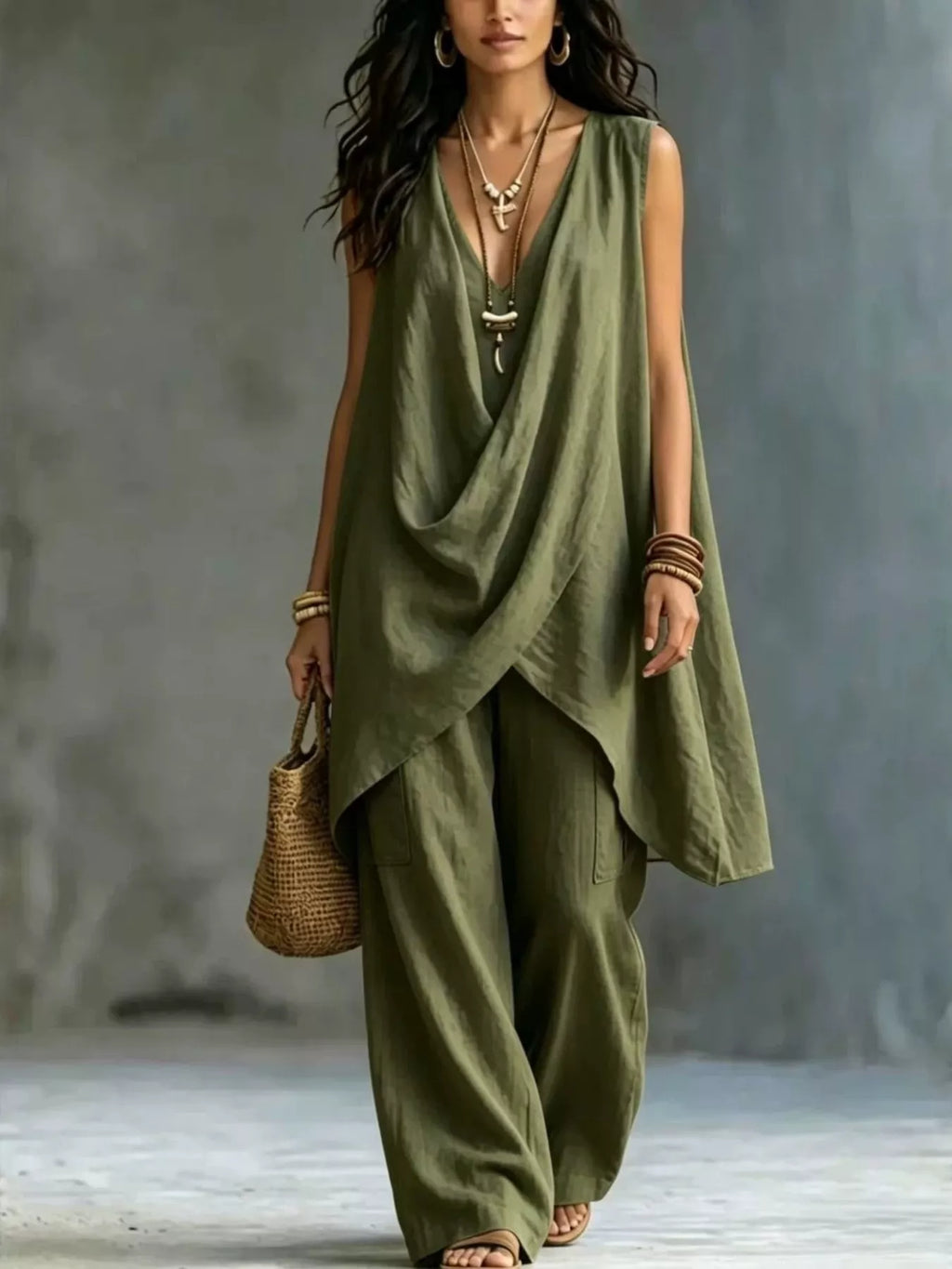 Plush Fashion Hub sleeveless asymmetrical top and wide-leg pants set, stylish casual outfit, black fabric, on model.