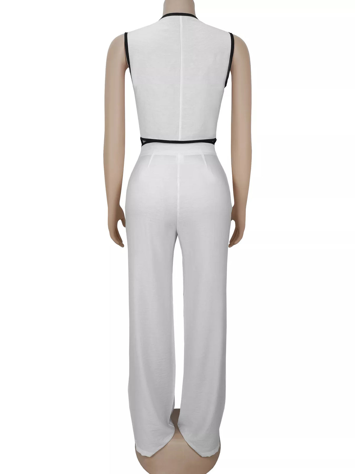 Trendsi contrast trim sweater vest and wide-leg pants two-piece set displayed on a model, showcasing stylish casual outfit.