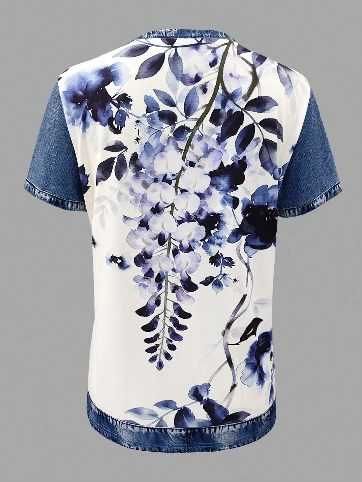 Denim patchwork short sleeve blouse by Plush Fashion Hub featuring mixed fabric patches and casual fit.