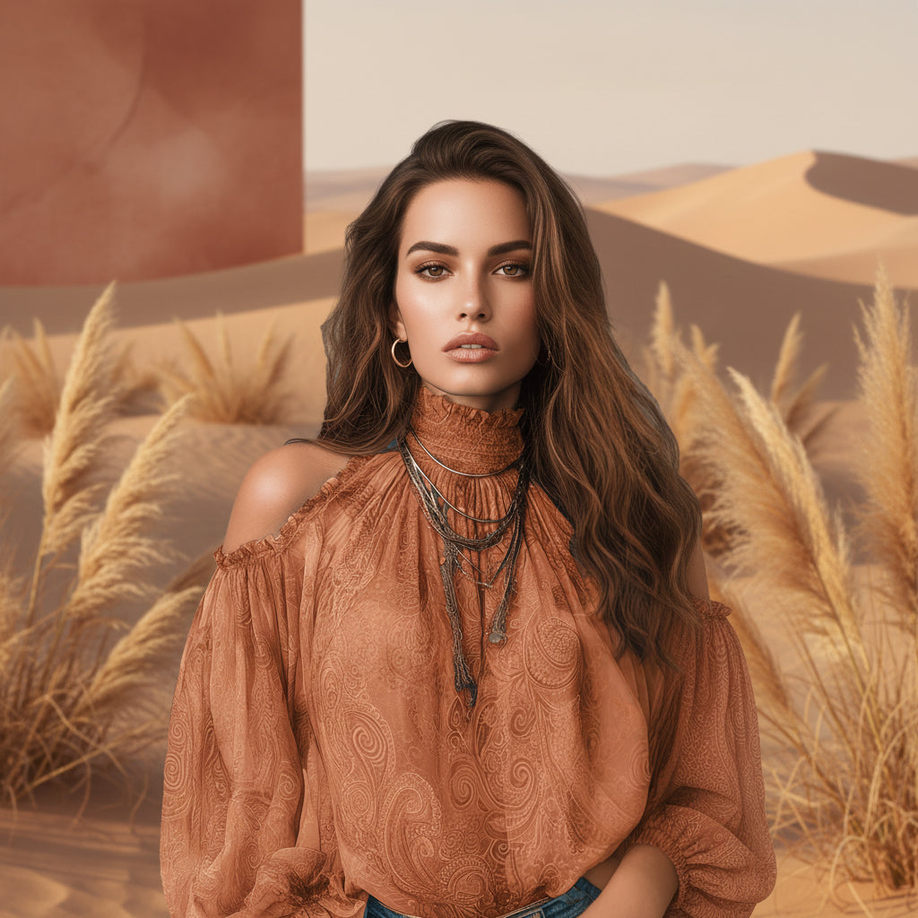Women’s retro cashew print off-shoulder blouse with lantern sleeves, casualwear by Plush Fashion Hub, shown on a model.