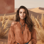 Women’s retro cashew print off-shoulder blouse with lantern sleeves, casualwear by Plush Fashion Hub, shown on a model.