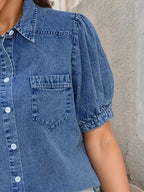 Women’s retro washed denim shirt by FitiqueFit, casualwear style with long sleeves and classic button-up design.