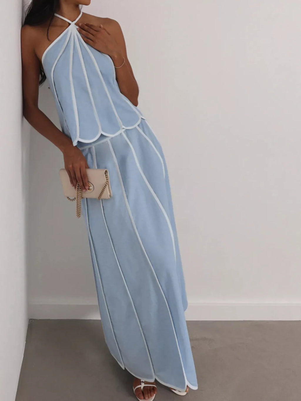 Halter neck scalloped hem top and skirt set by Shopimist, featuring a stylish matching two-piece with intricate scalloped details.