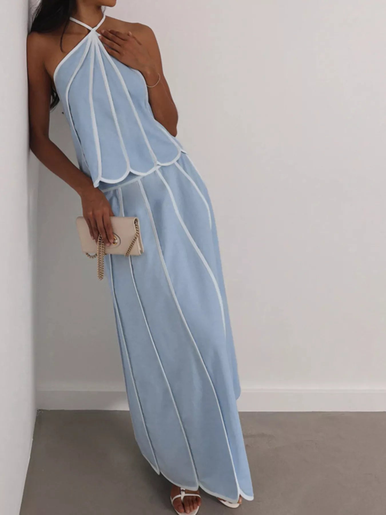 Halter neck scalloped hem top and skirt set by Shopimist, featuring a stylish matching two-piece with intricate scalloped details.