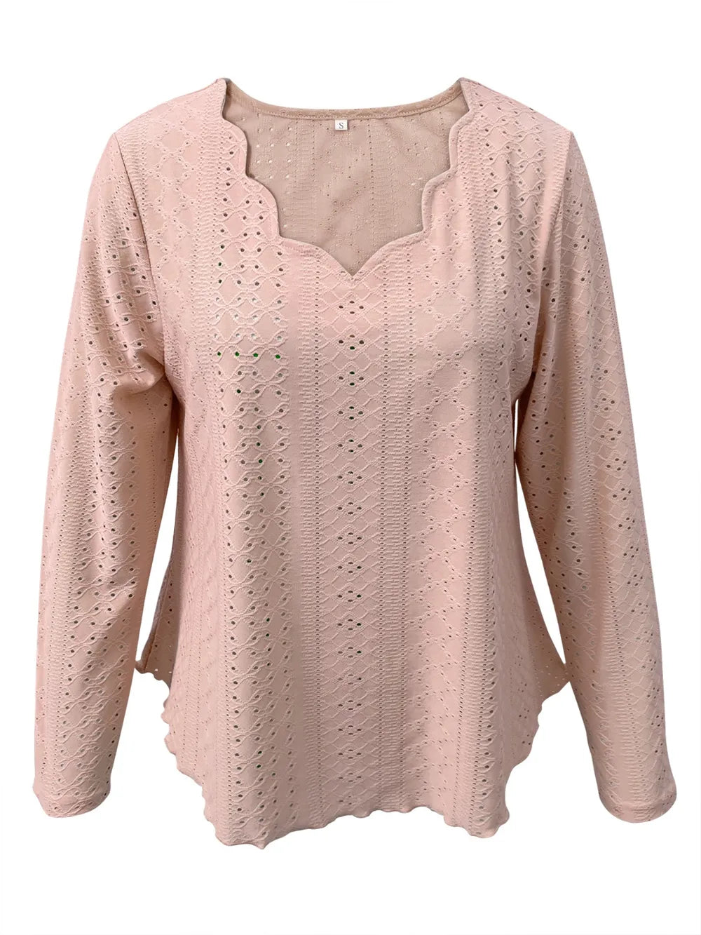 Elegant women's eyelet long sleeve blouse from Plush Fashion Hub, featuring a versatile, stretchy office top with detailed eyelet design.