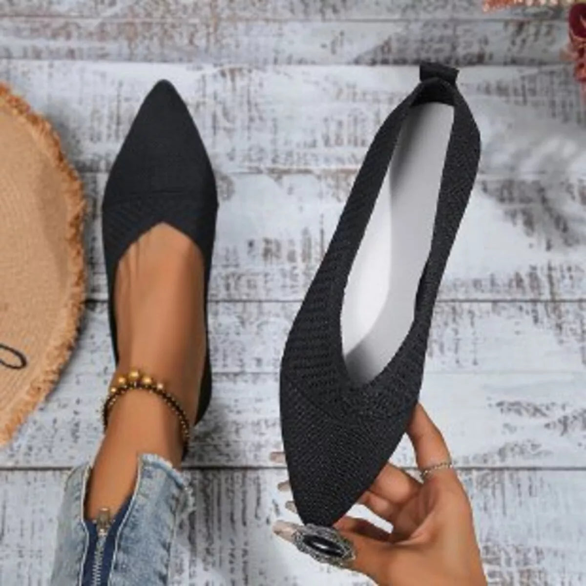 Trendsi point toe flats slip-ons in sleek black with a smooth finish, designed for comfortable stylish footwear.