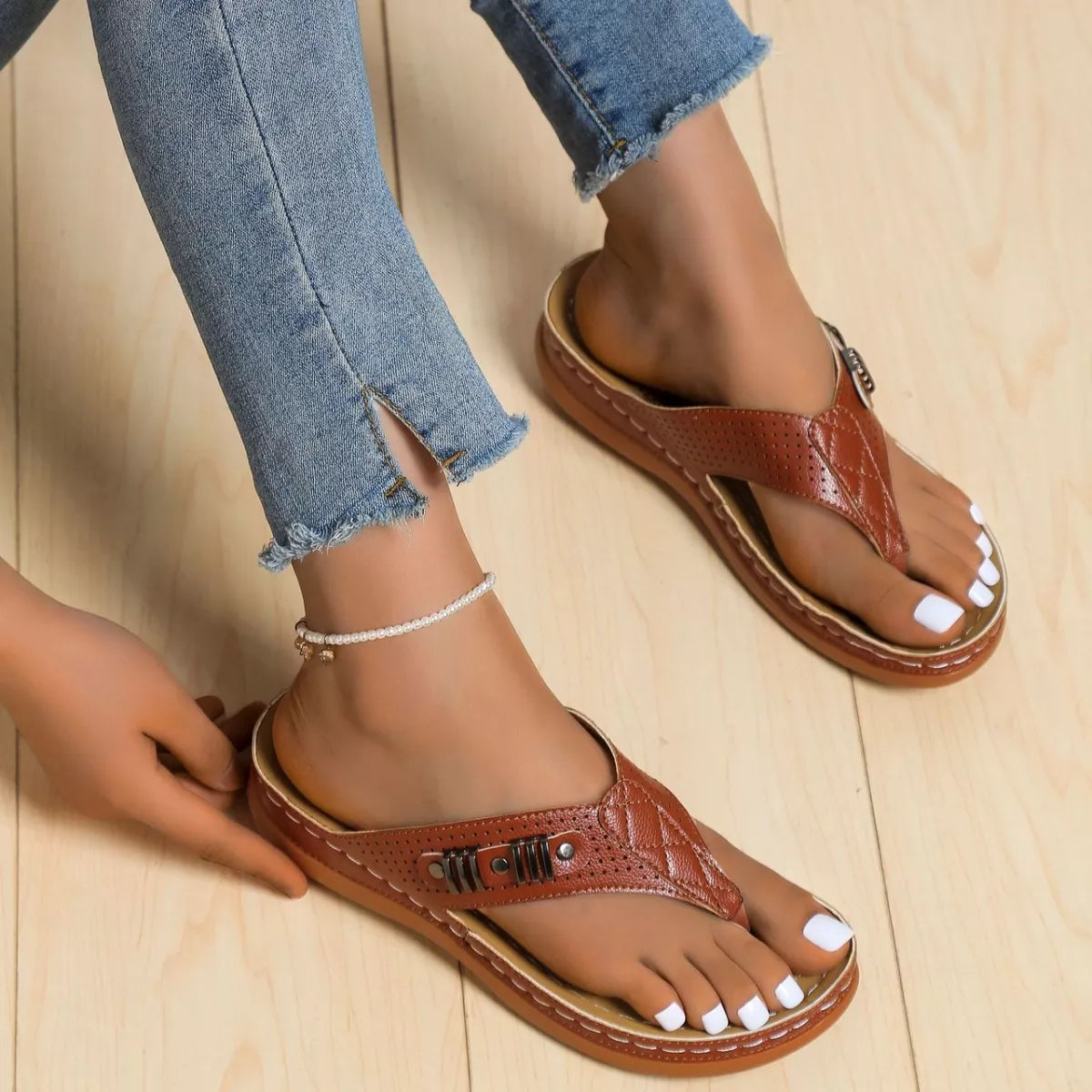 Women's comfortable toe post wedge sandals by Trendsi, stylish summer footwear with cushioned soles and trendy design.