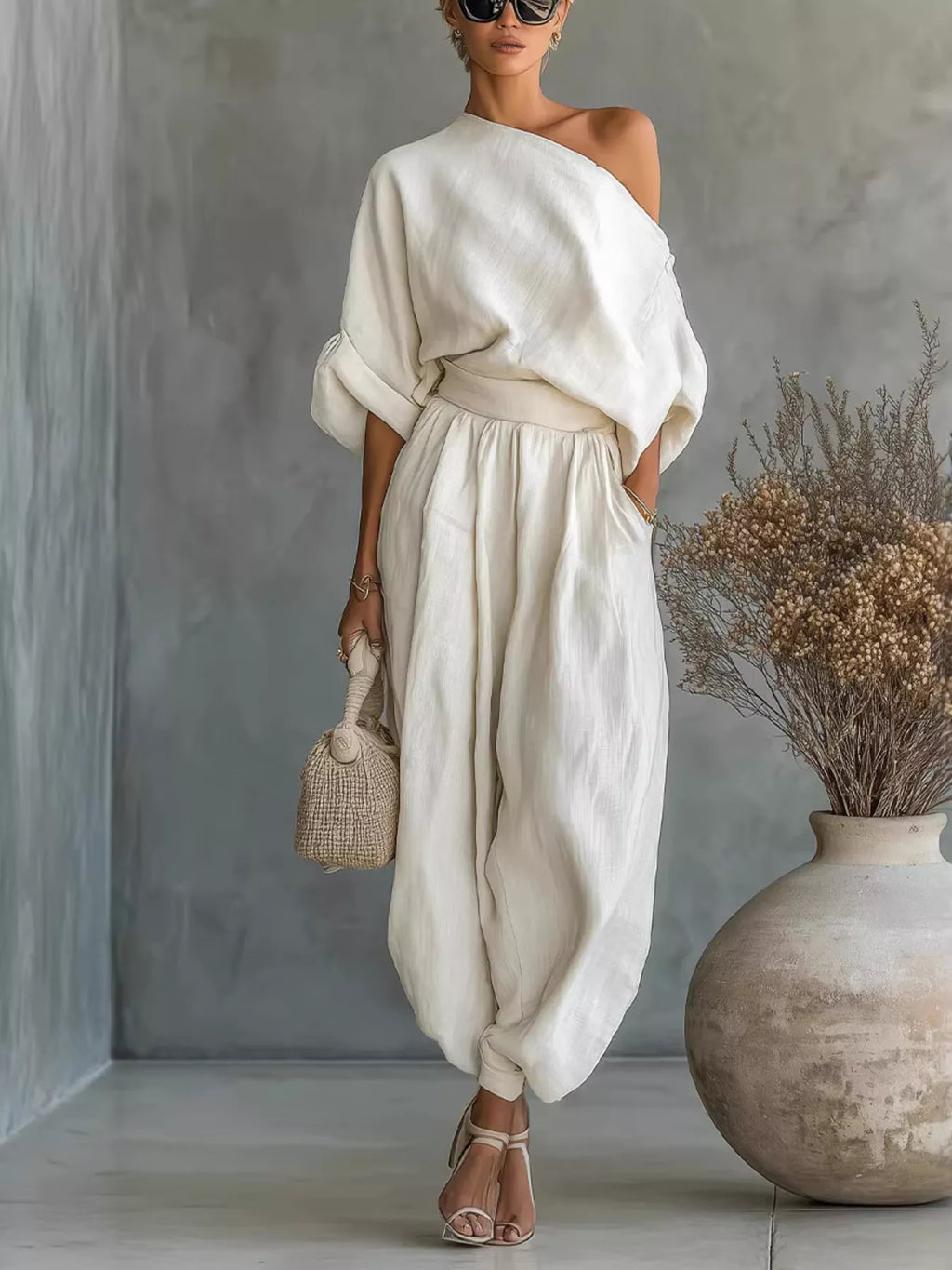 One-shoulder loungewear set with joggers from Trendsi, featuring a stylish top and comfortable matching joggers in soft fabric