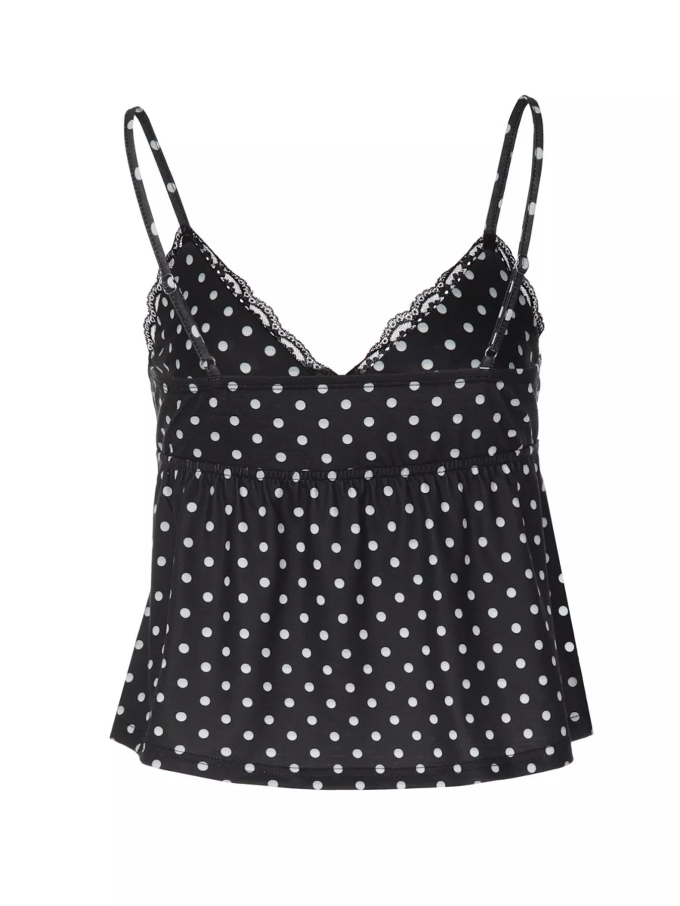 Polka dot lace trim cami top by Shopimist featuring a delicate lace neckline and polka dot fabric for a feminine look.