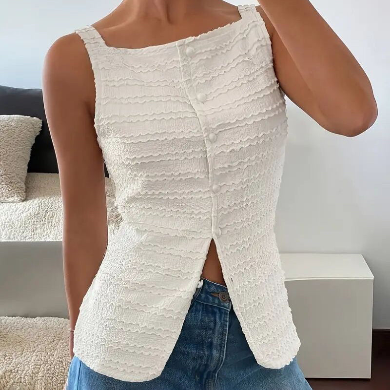 Plush Fashion Hub square neck button-up vest top, trendy Y2K going-out tank top in casualwear style with a square neckline.
