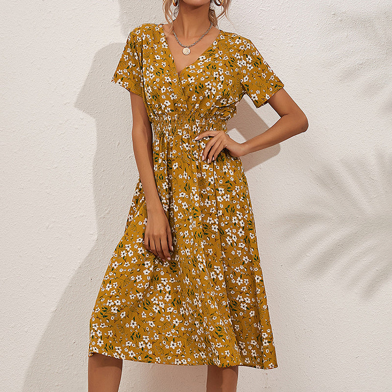 FitiqueFit floral print V-neck A-line satin maxi dress in various colors, featuring a flowy silhouette and elegant design.
