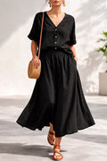 FitiqueFit women's casual V-neck button-up top and long skirt set, featuring a stylish, coordinated outfit for everyday wear.