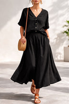 FitiqueFit women's casual V-neck button-up top and long skirt set, featuring a stylish, coordinated outfit for everyday wear.
