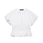 Women's slim-fit casual blouse with ruffle-trim puff sleeves by FitiqueFit, elegant and stylish for everyday wear.
