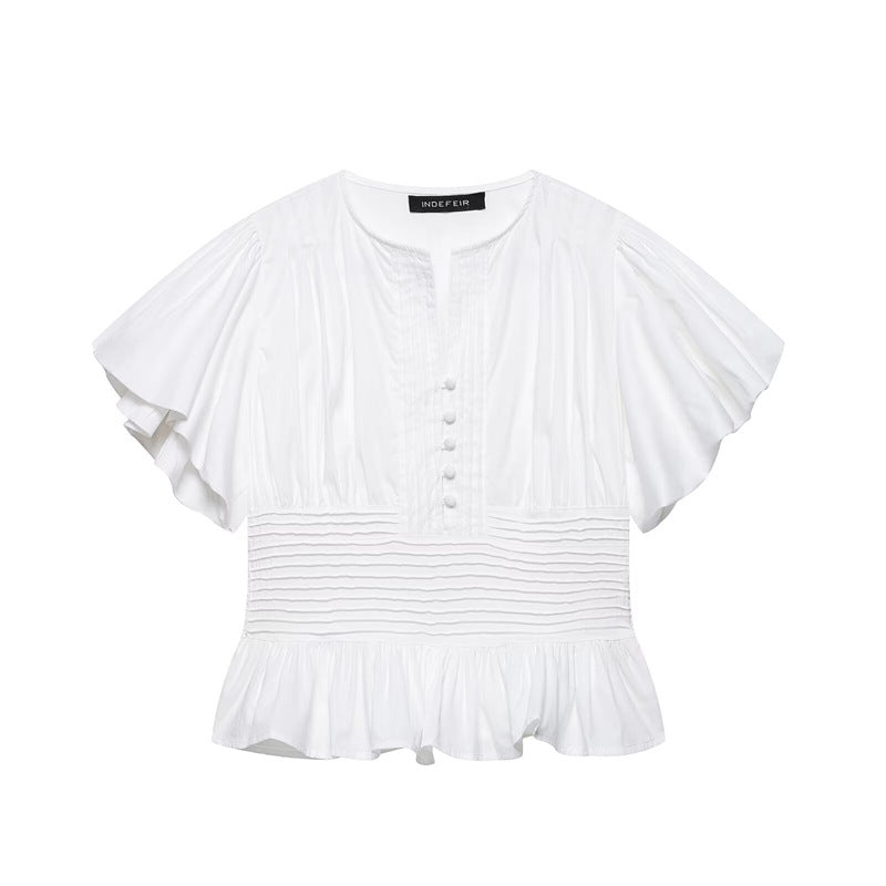 Women's slim-fit casual blouse with ruffle-trim puff sleeves by FitiqueFit, elegant and stylish for everyday wear.