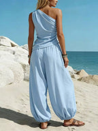 Plus size one-shoulder top and wide-leg pants set by Plush Fashion Hub, featuring a stylish, coordinated piece pants set.