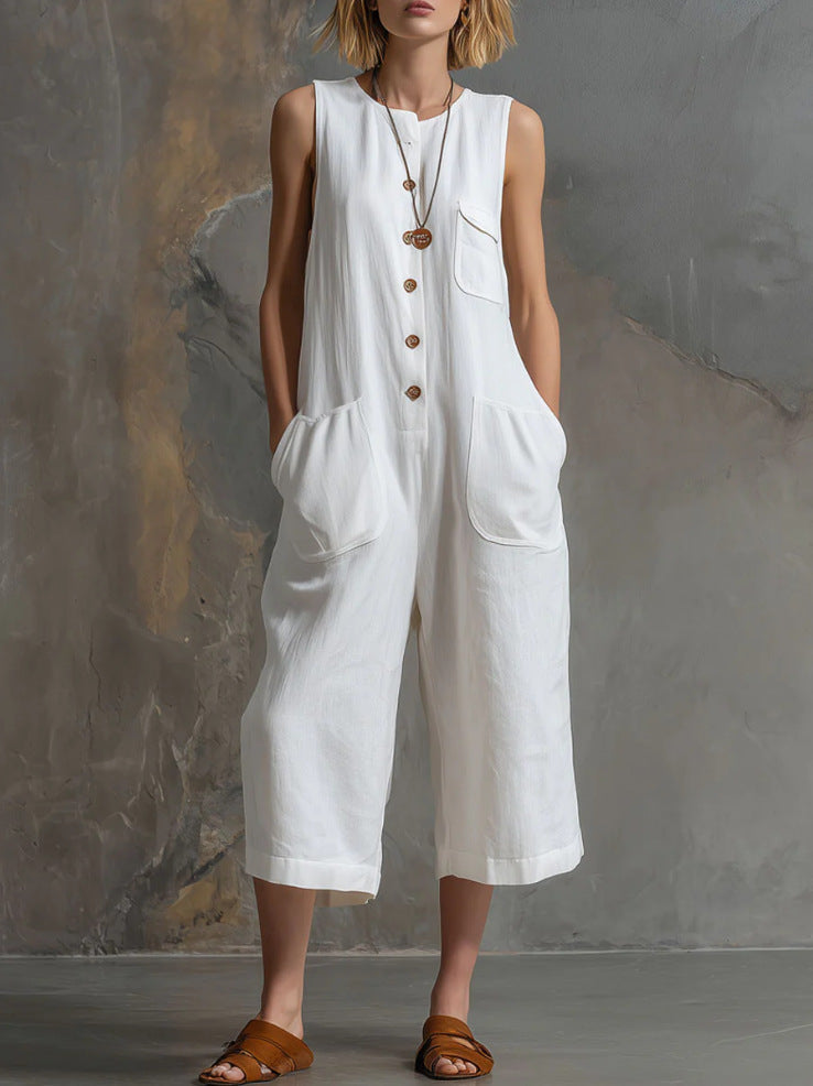 Retro sleeveless cotton-linen wide-leg cropped jumpsuit by Plush Fashion Hub featuring a relaxed fit and stylish design.