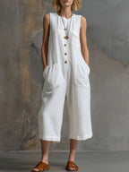 Retro sleeveless cotton-linen wide-leg cropped jumpsuit by Plush Fashion Hub featuring a relaxed fit and stylish design.