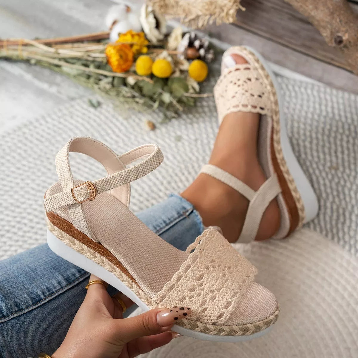 Women's crochet espadrille platform sandals with mid-heel, stylish summer shoes featuring woven upper and ankle straps.