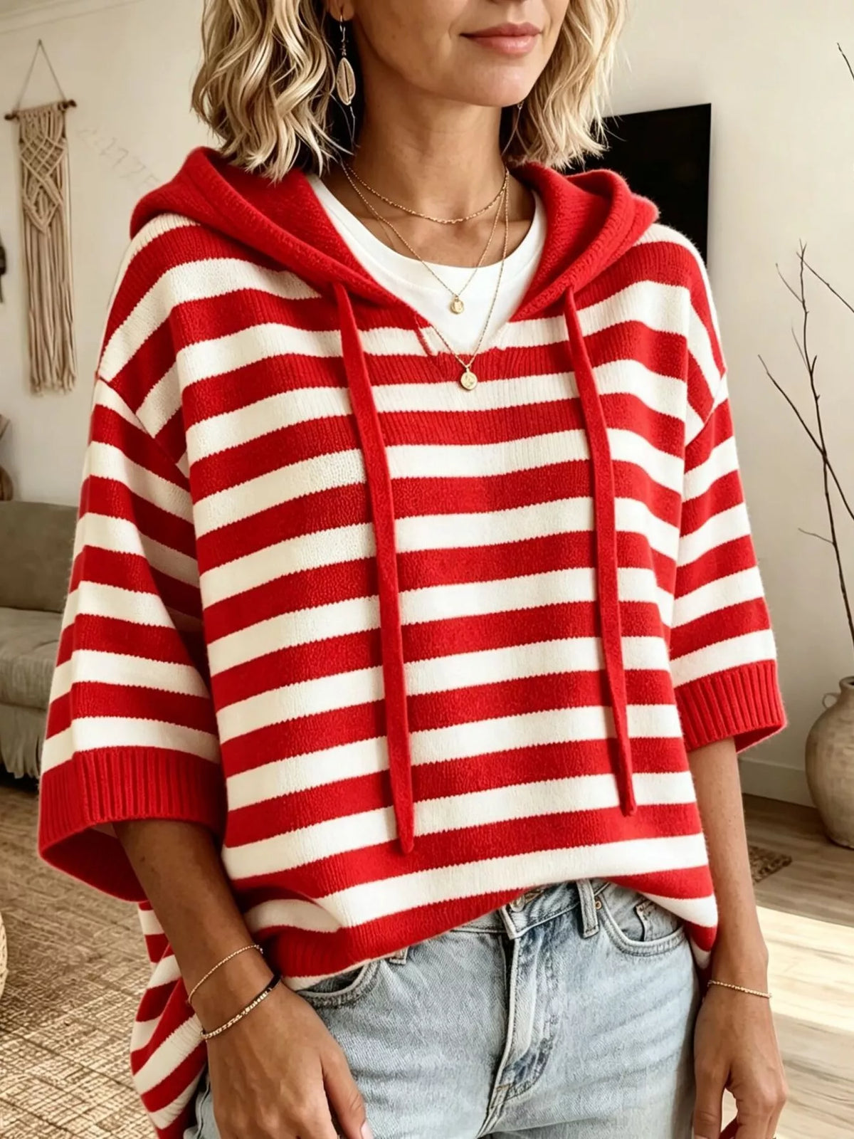 Plus size striped hooded sweater with drawstring, full length, and cozy fit by Trendsi, featuring colorful horizontal stripes.