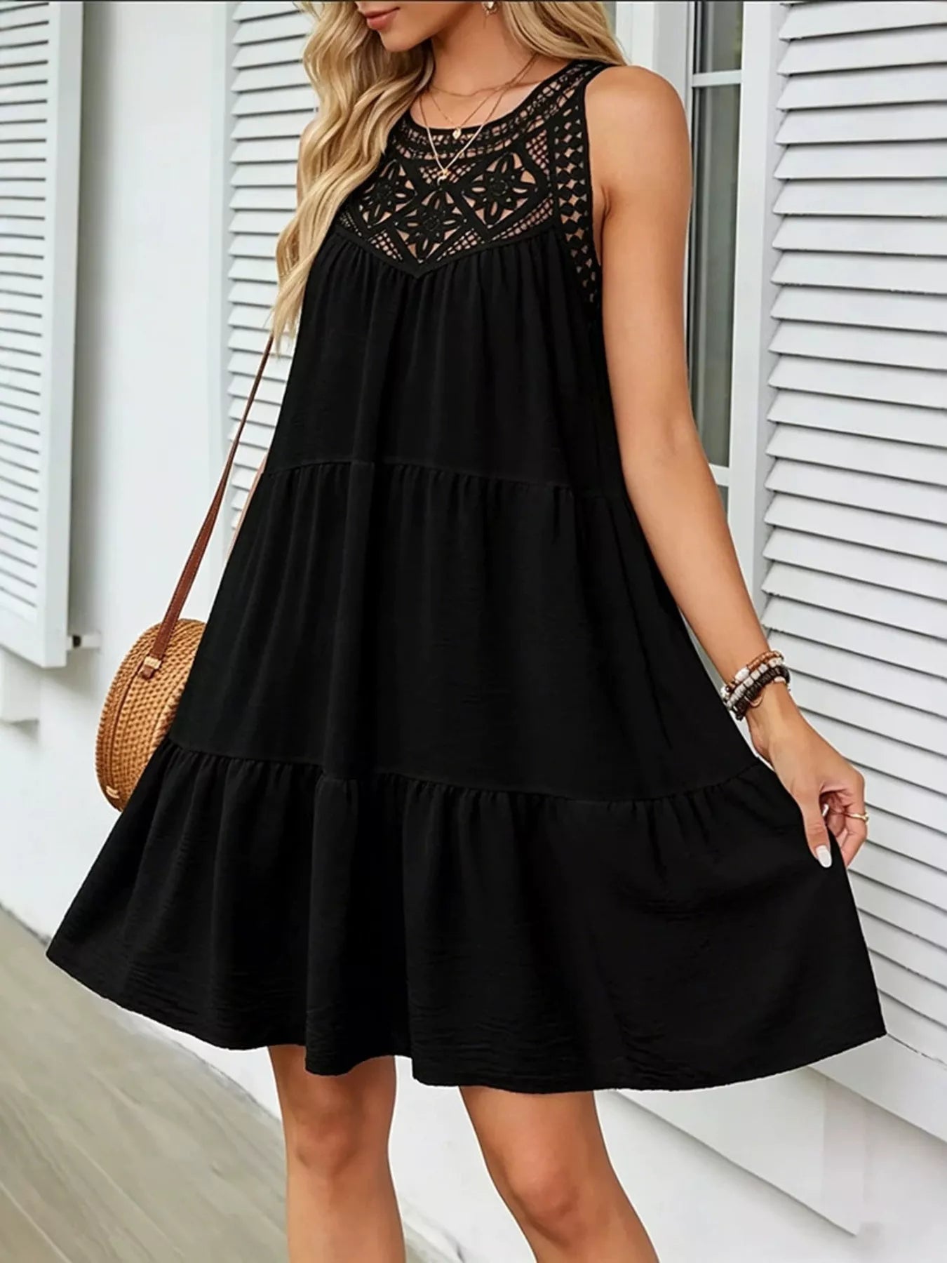 Lace detail sleeveless dress by Plush Fashion Hub featuring elegant design and intricate lace accents on a stylish dress.