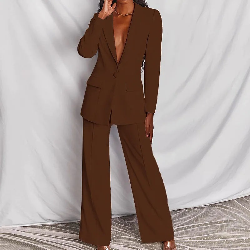 FitiqueFit lapel button-down blazer and straight-leg trousers two-piece suit, shown on a model with neutral background.