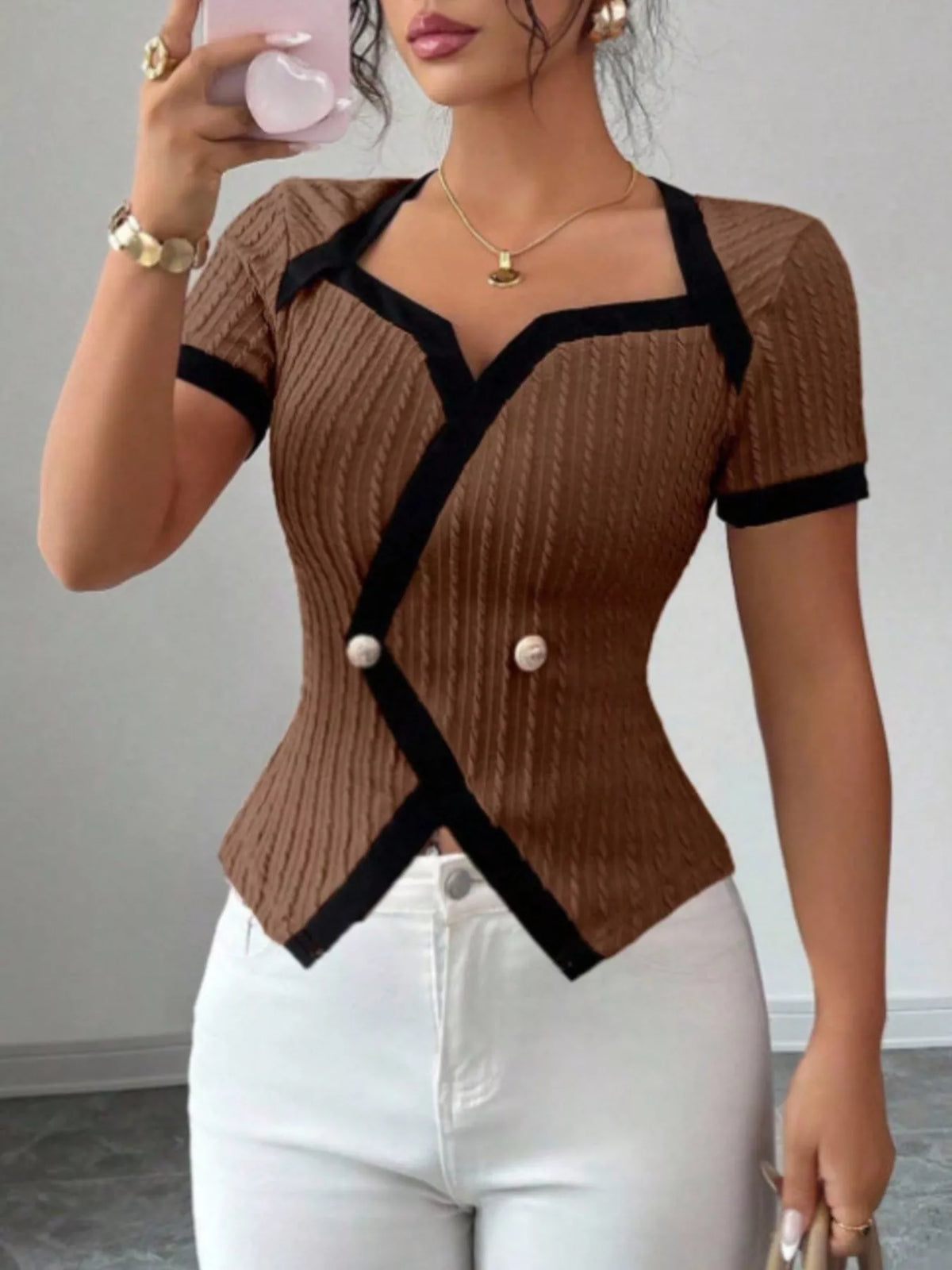 Earth tones contrast trim short sleeve T-shirt by Plush Fashion Hub, showing a casual tops with a round neckline and color-block design.