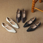 Women's floral detail pointed toe low square heel buckle flats from FitiqueFit, showcasing elegant dress shoes with floral accents.