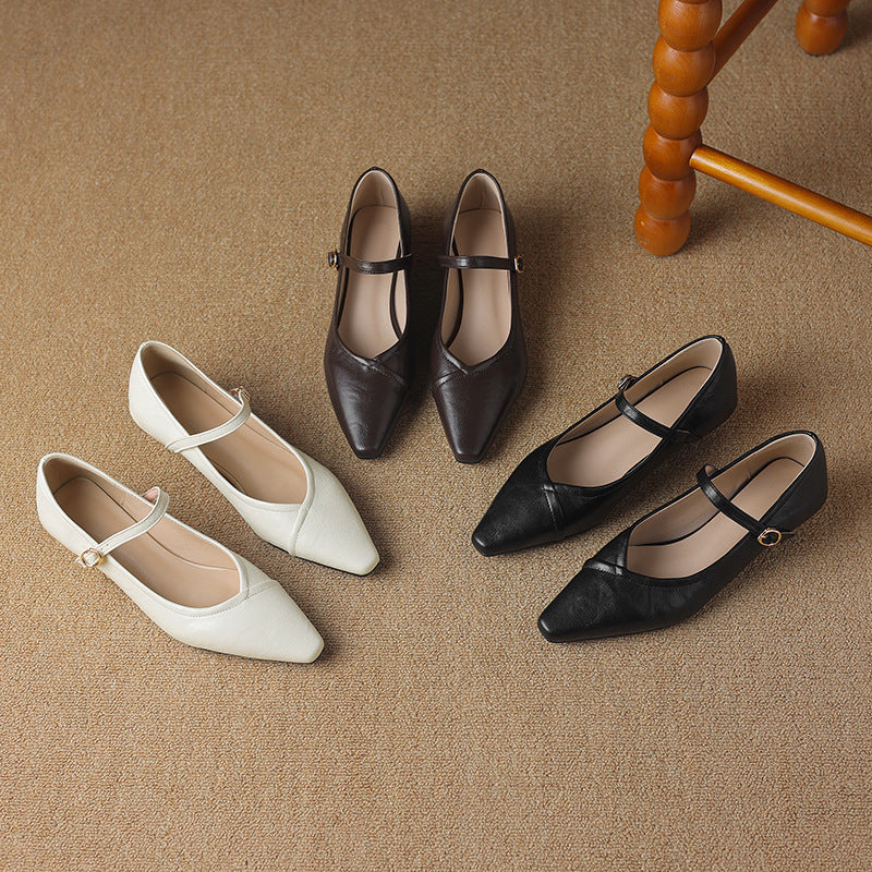 Women's floral detail pointed toe low square heel buckle flats from FitiqueFit, showcasing elegant dress shoes with floral accents.