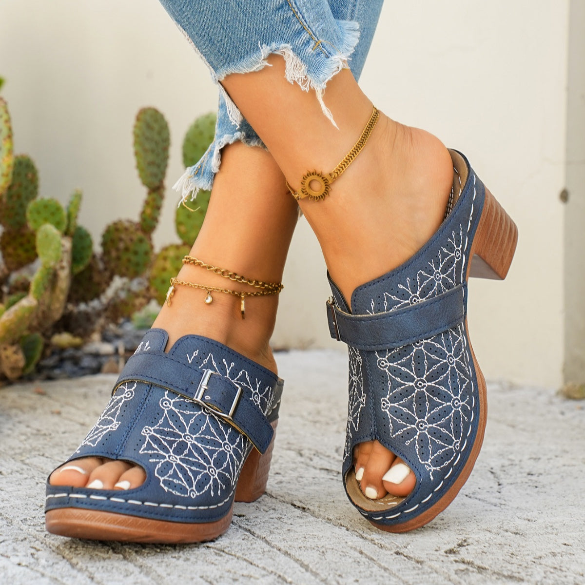 Women's chic buckle detail block heel sandals in premium faux leather, stylish and comfortable shoe by Trendsi.