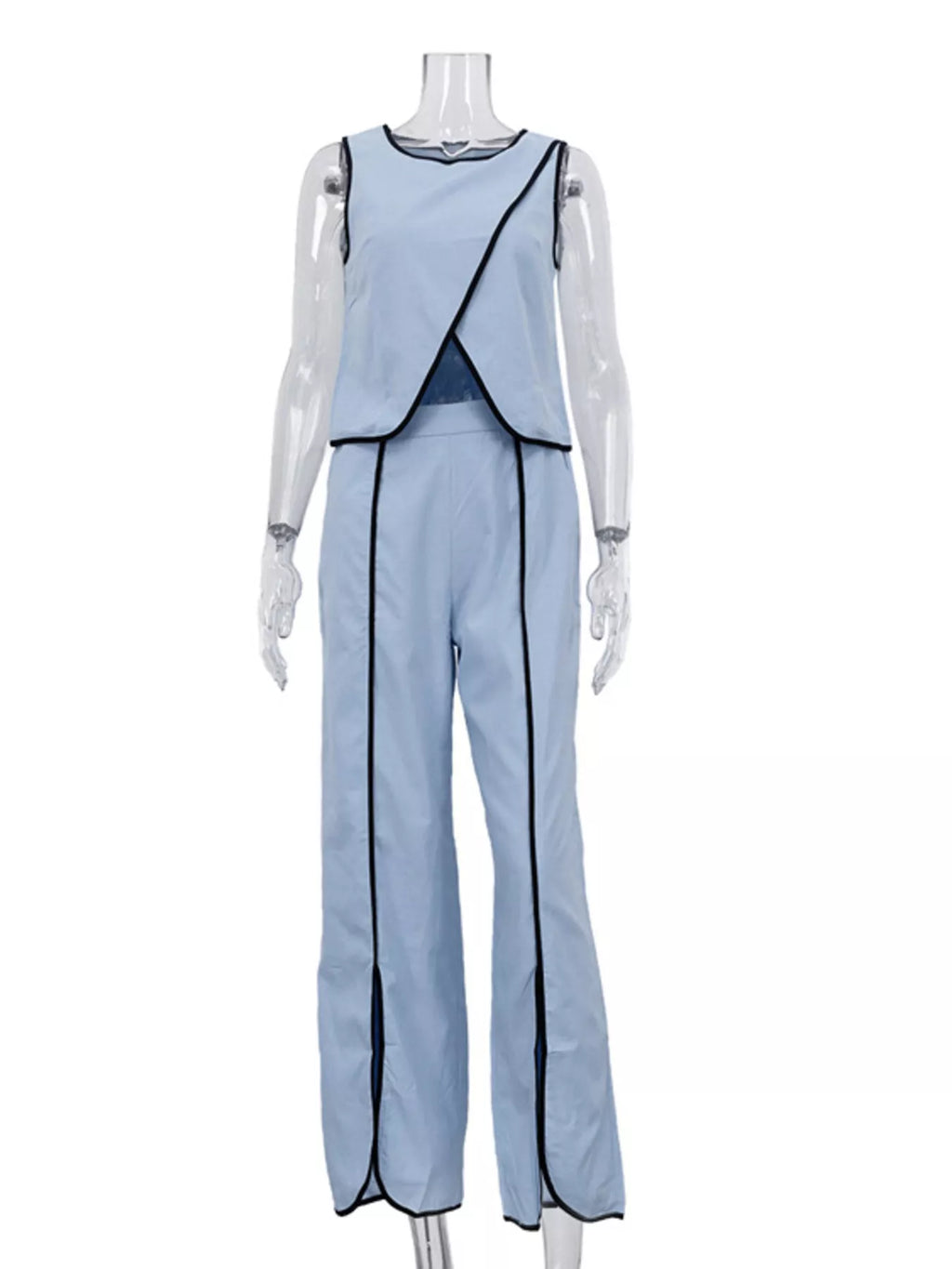 Contrast trim sleeveless top and wide-leg pants set by Shopimist, featuring stylish matching sleeveless top and flowy wide-leg pants.