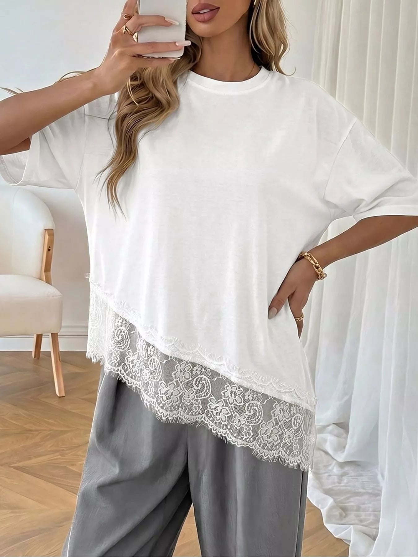 Lace detail half sleeve T-shirt from Plush Fashion Hub, featuring a soft fabric and stylish lace accents on the sleeves.